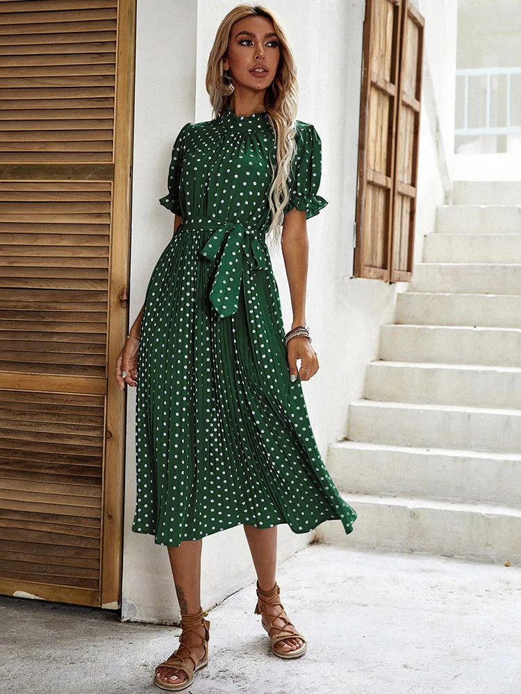Elay™ | Grünes gepunktetes Vintage-Frühlingskleid
